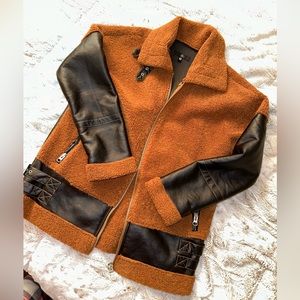NWOT Missguided Faux Leather Black Brown Sherpa Moto Biker Jacket Bomber Jacket